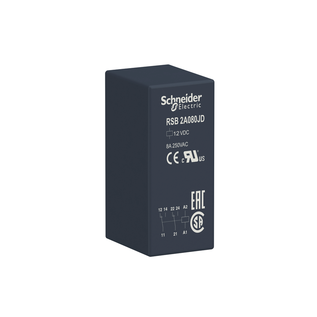 RSB2A080JD – interface plug-in relay, Harmony electromechanical relays, 8A, 2CO, 12V DC