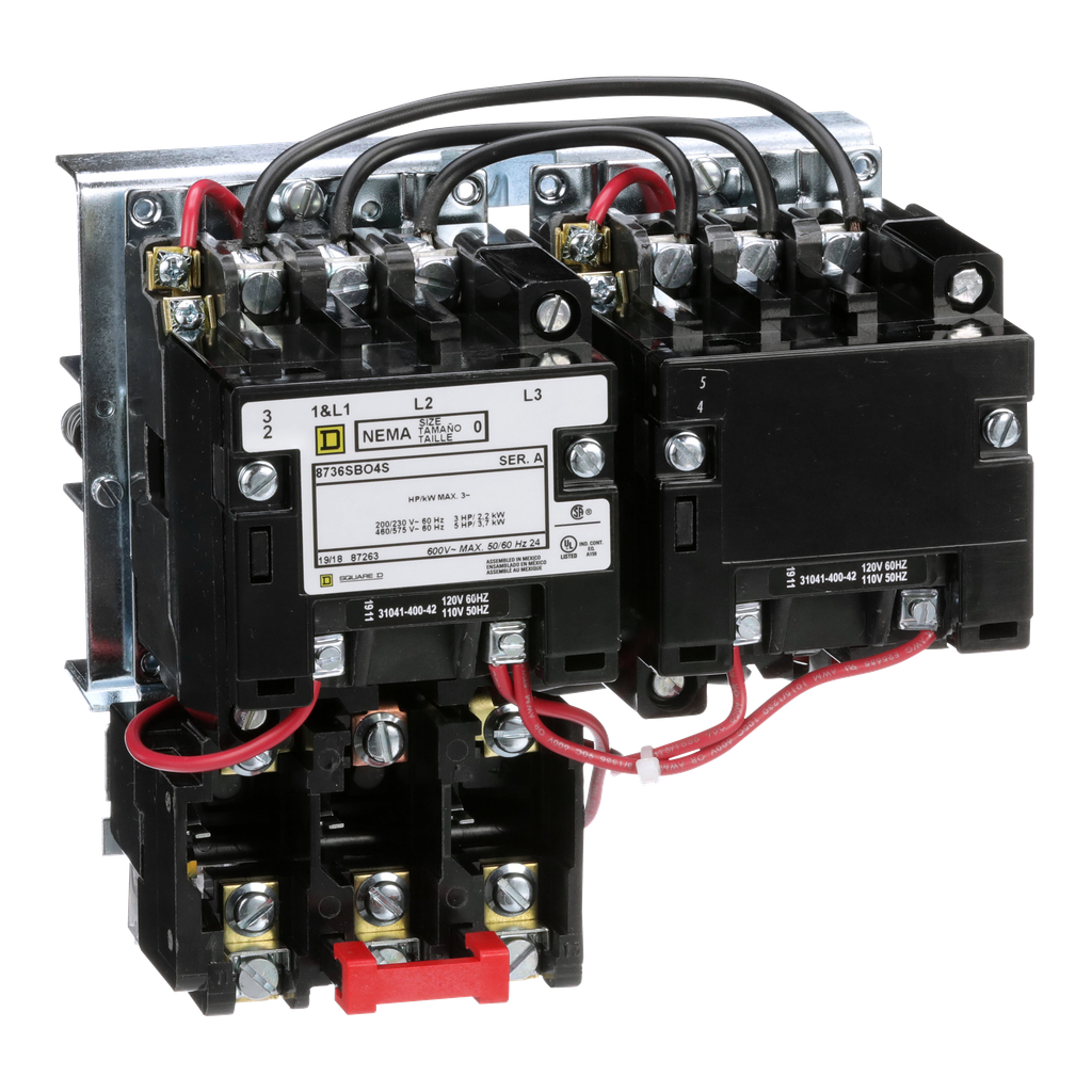 8736SBO4V02S – NEMA starter, Type S, reversing, horizontal, Size 0, 18A, 5HP at 575VAC, 5kA SSCR, 3 phase, 3 pole, melting alloy overload, 120VAC coil, open