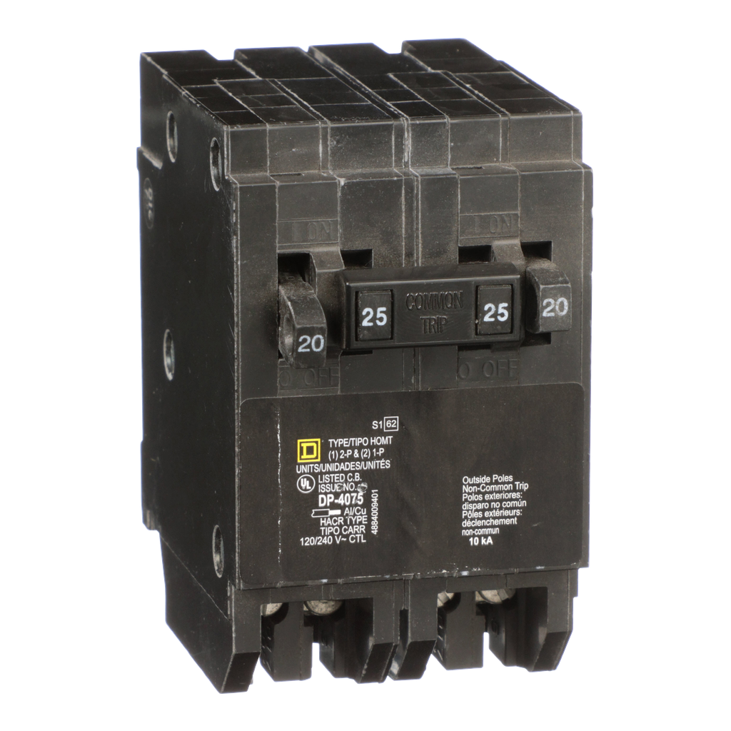 HOMT2020225 – Tandem circuit breaker, Homeline, 2 x 1 pole at 20A, 1 x 2 pole at 25A, 120/240VAC, 10kA AIR, plug in, UL