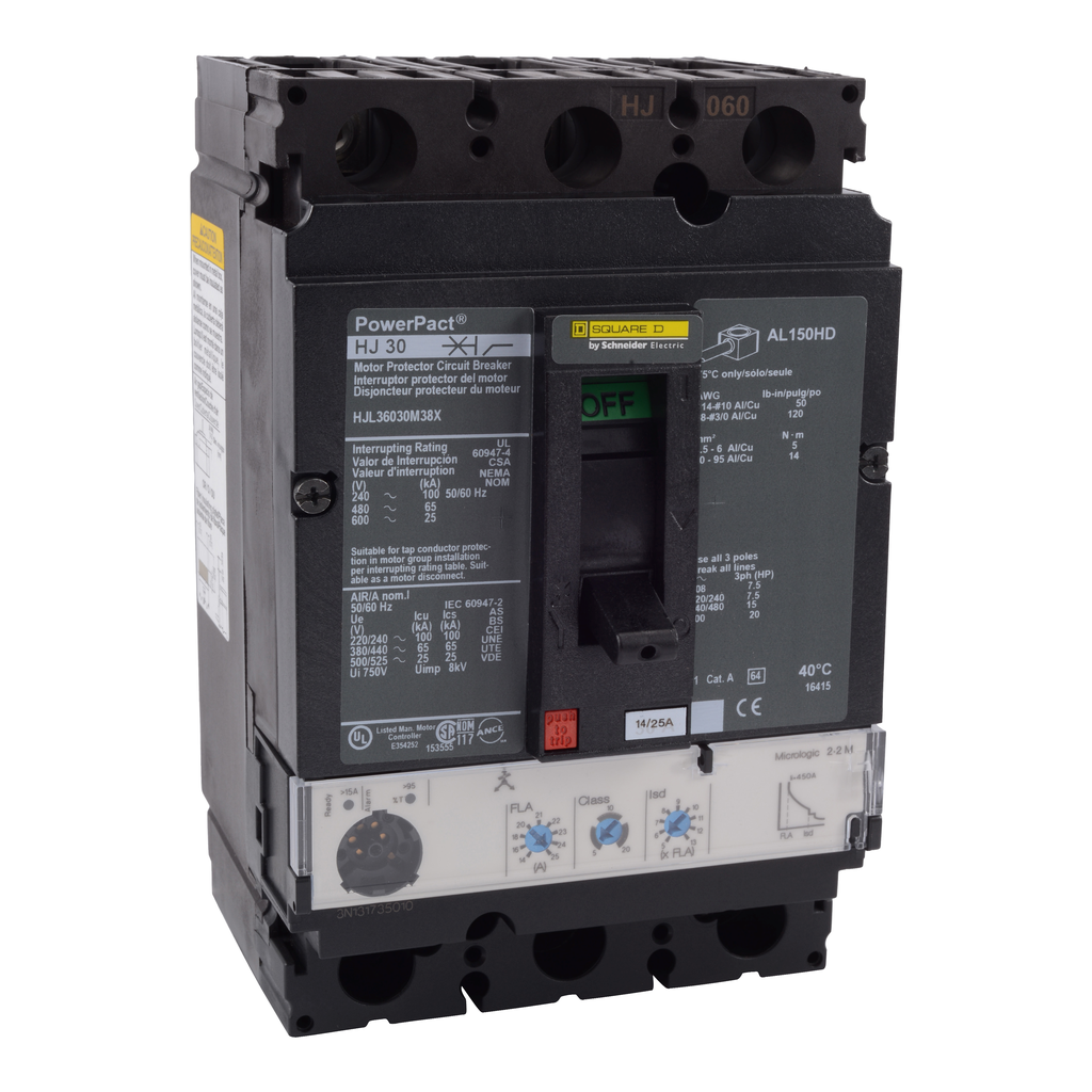 HJL36050M38X – Motor circuit protector, PowerPacT H, 50A, 3 pole, 600VAC, 25kA, lugs, Micrologic 2.2M, 80%