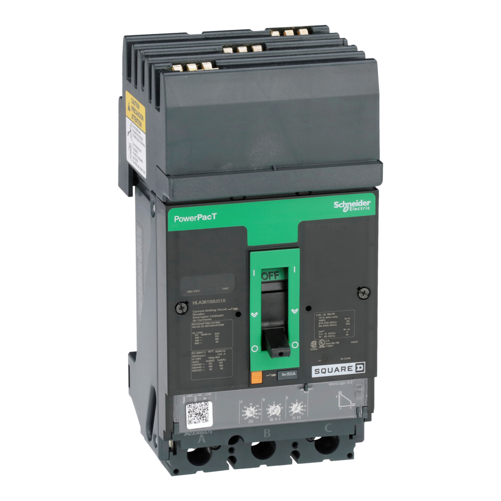 HLA36150U31X – Circuit breaker, PowerPacT H, 150A, 3 pole, 600VAC, 50kA, I-Line, Micrologic 3.2, 80%, ABC