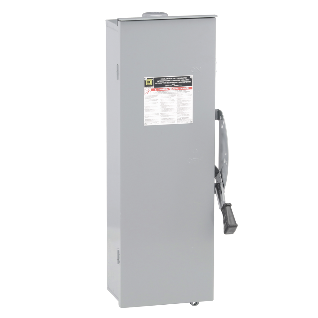 DTU223RB – Safety switch, double throw, non fusible, 100A, 240VAC, 250VDC, 2 pole, 20HP, NEMA 3R, bolt on provision