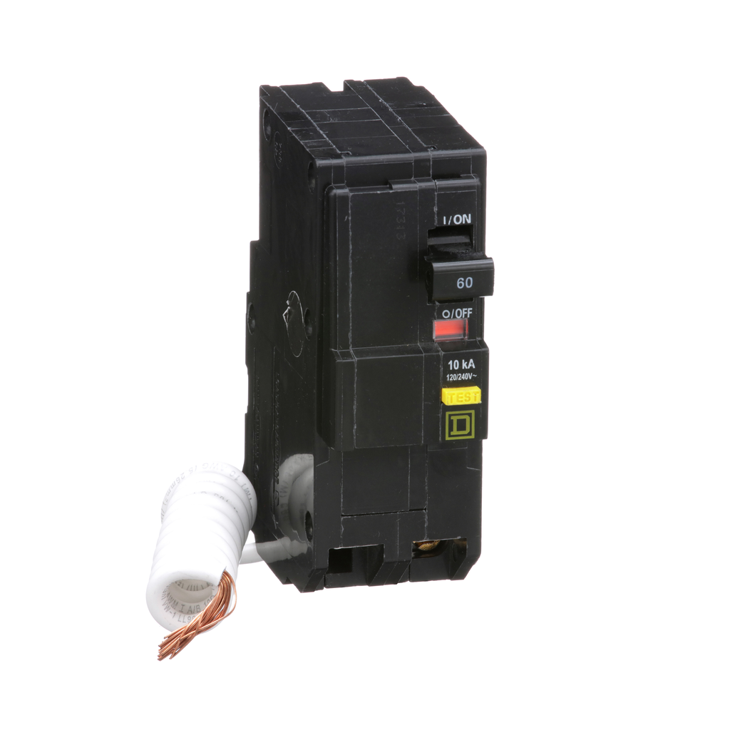 QO260GFI – Mini circuit breaker, QO, 60A, 2 pole, 120/240VAC, 10kA, plug in, 6mA grd fault A, pigtail