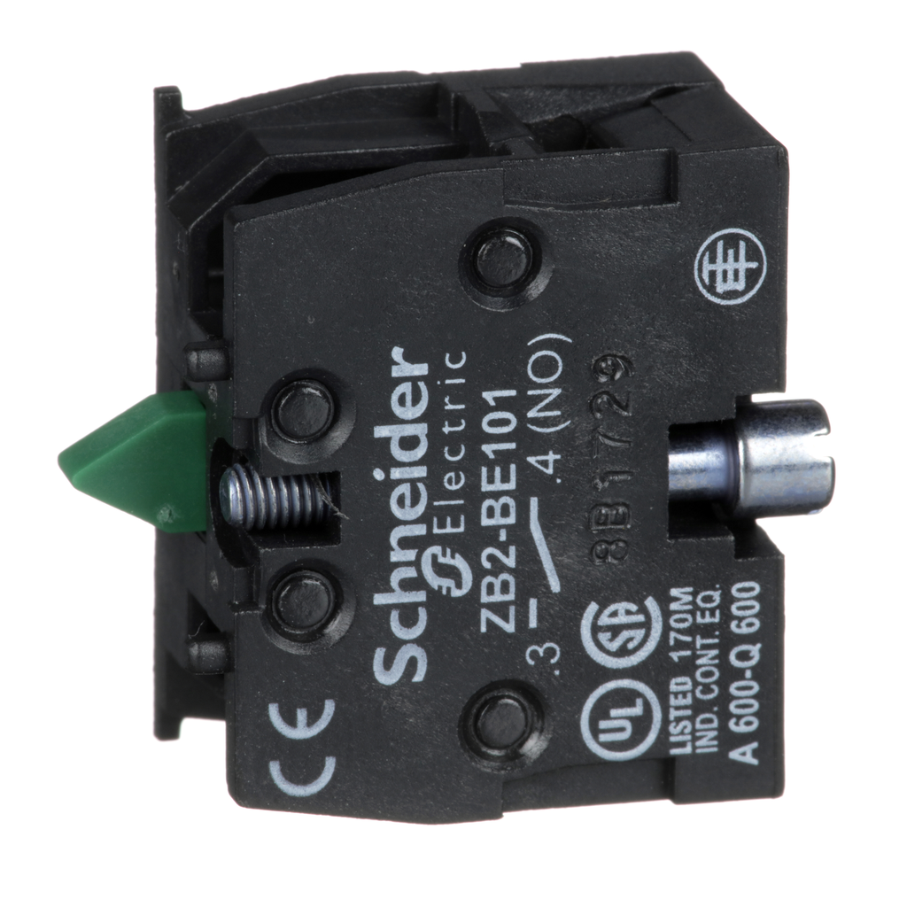 ZB2BE101 – Harmony, 22mm Push Button, add on contact block, 1 NO, screw clamp terminal