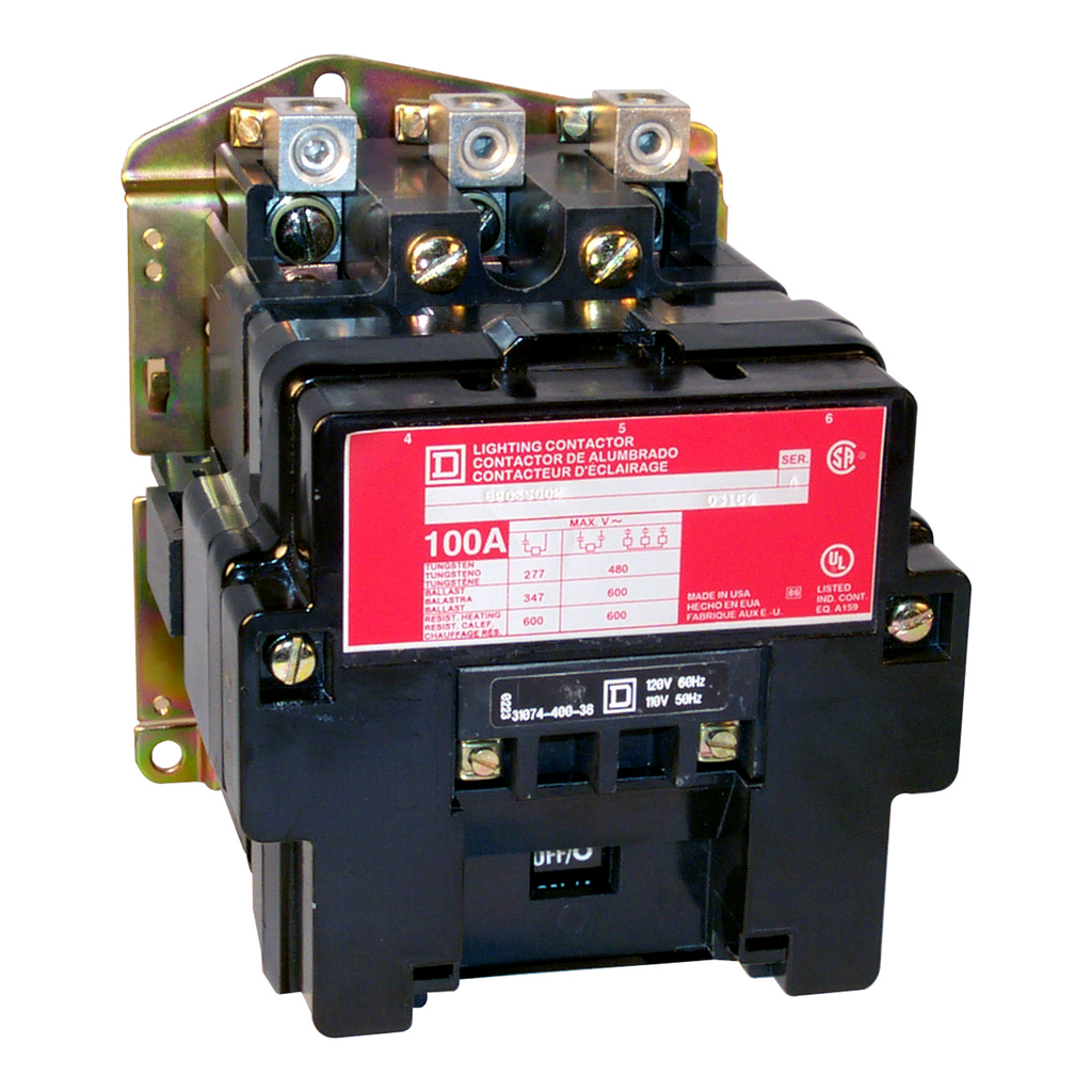 8903SVO1V02 – Contactor, Type S, multipole lighting, electrically held, 200A, 2 pole, 110/120VAC 50/60Hz coil, open style