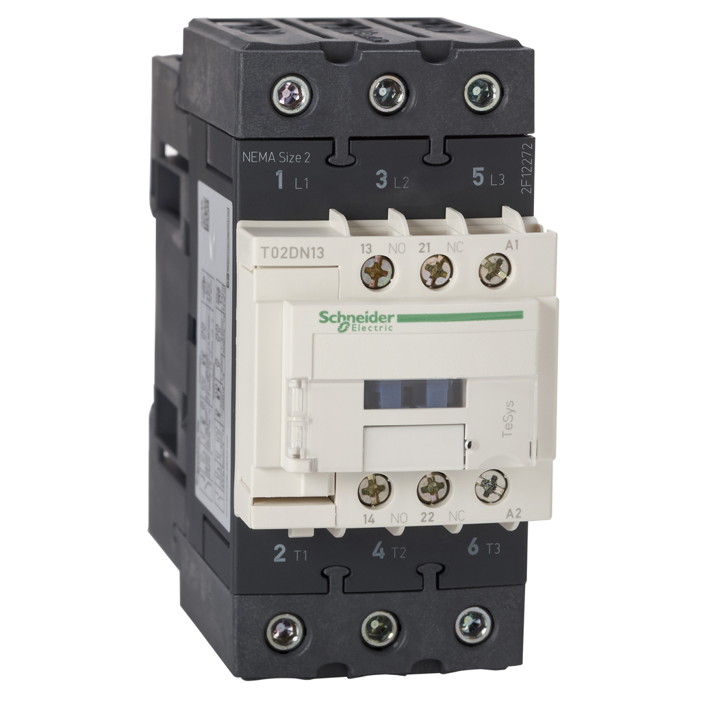 T02DN13LE7 – Contactor, Tesys N Contactors, nonreversing, 3P, 3phase, 45A, 25HP at 460VAC, NEMA size 2, 208VAC 50/60Hz coil, open
