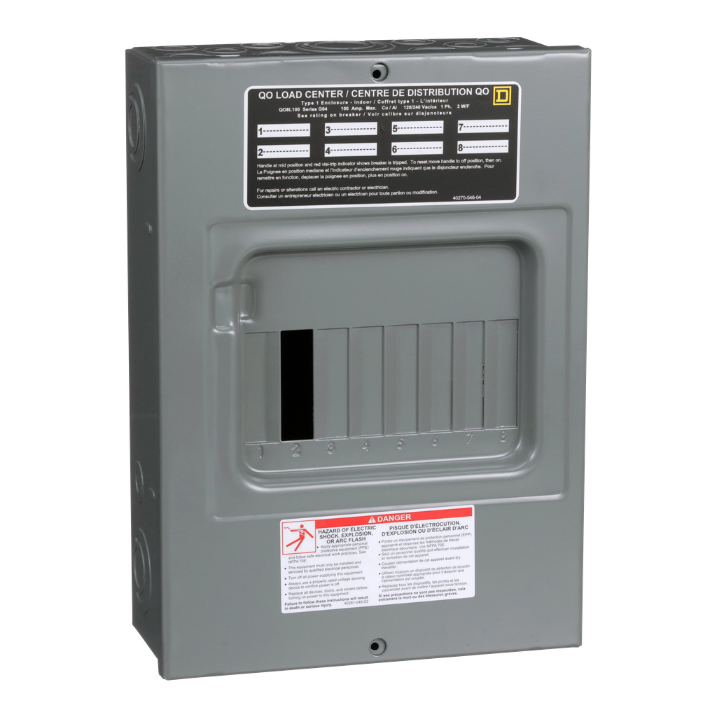 QO8L100S – Load center, QO, 1 phase, 8 spaces, 8 circuits, 100A convertible main lugs, NEMA1, surface cover