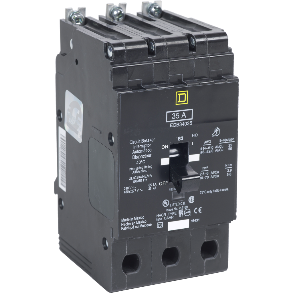 EGB34040 – Mini circuit breaker, E-Frame, 40A, 3 pole, 480Y/277VAC, 65kA max, bolt on