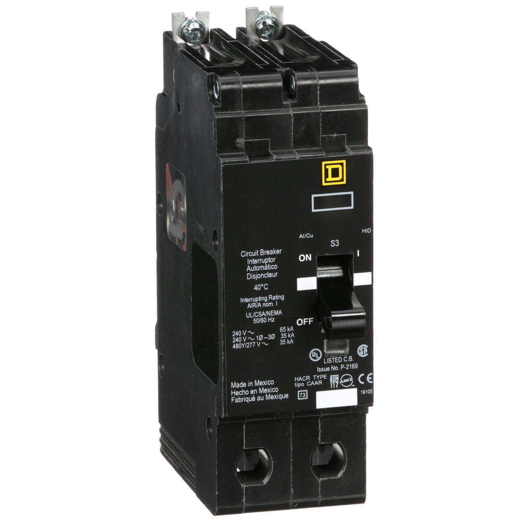 EGB24100 – Mini circuit breaker, E-Frame, 100A, 2 pole, 480Y/277VAC, 65kA max, bolt on