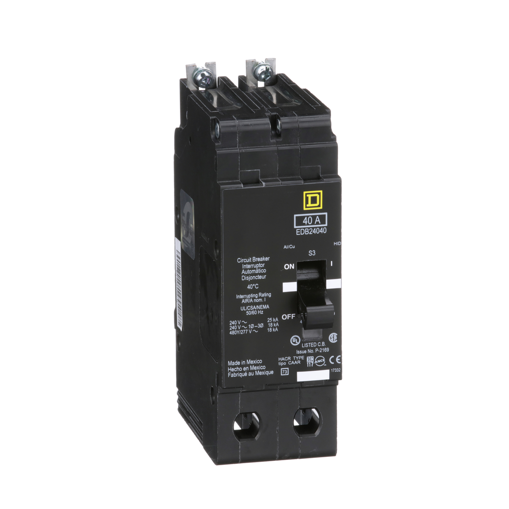 EDB24040 – Mini circuit breaker, E-Frame, 40A, 2 pole, 480Y/277VAC, 25kA max, bolt on