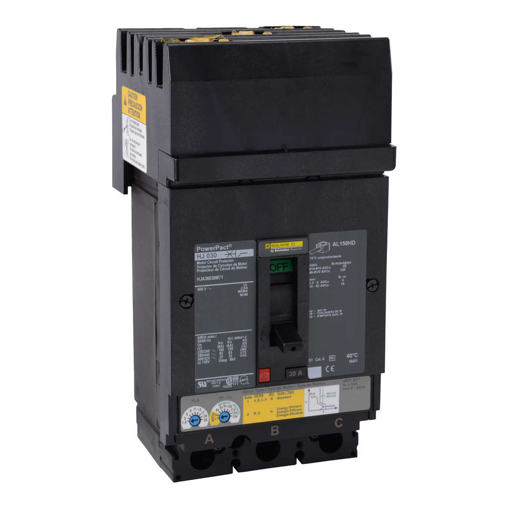 HJA36030M71 – Motor circuit protector, PowerPacT H, 30A, 3 pole, 600VAC, 25kA, I-Line, thermal magnetic, 80%, ABC