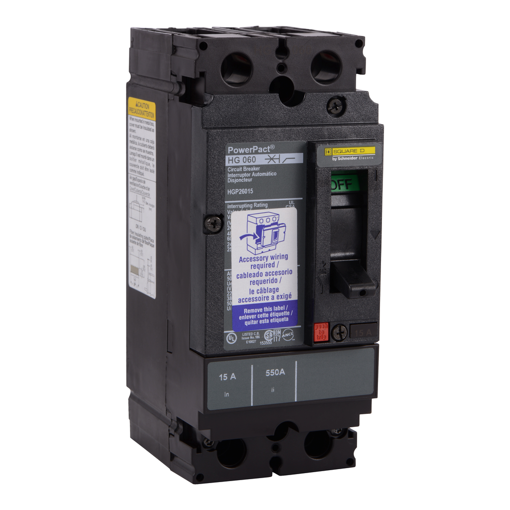 HGP26015 – Circuit breaker, PowerPacT H, 15A, 2 pole, 600VAC, 18kA, lugs, thermal magnetic, 80%