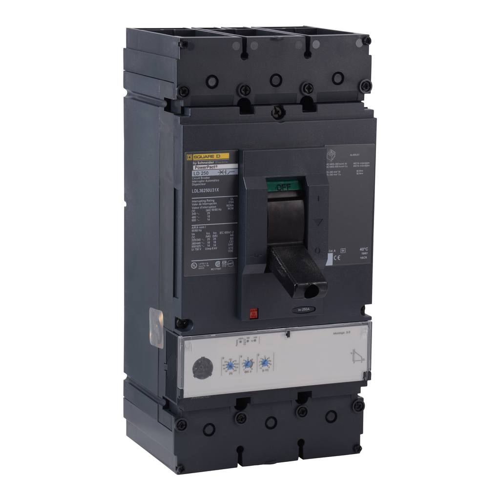 LDL36250U31X – Circuit breaker, PowerPacT L, 250A, 3 pole, 600VAC, 14kA, lugs, MicroLogic 3.3, 80%