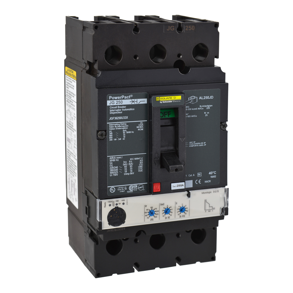 JGF36250U33X – Circuit breaker, PowerPacT J, 250A, 3 pole, 600VAC, 18kA, busbar, Micrologic 3.2S, 80%