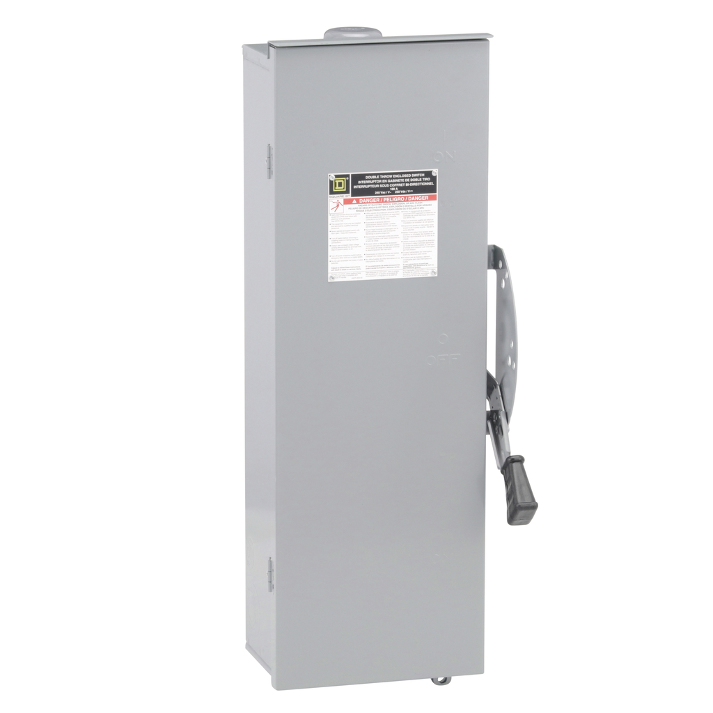 DT223RB – Safety switch, double throw, fusible, 100A, 240VAC, 250VDC, 2 pole, 30HP, NEMA 3R, bolt on provision