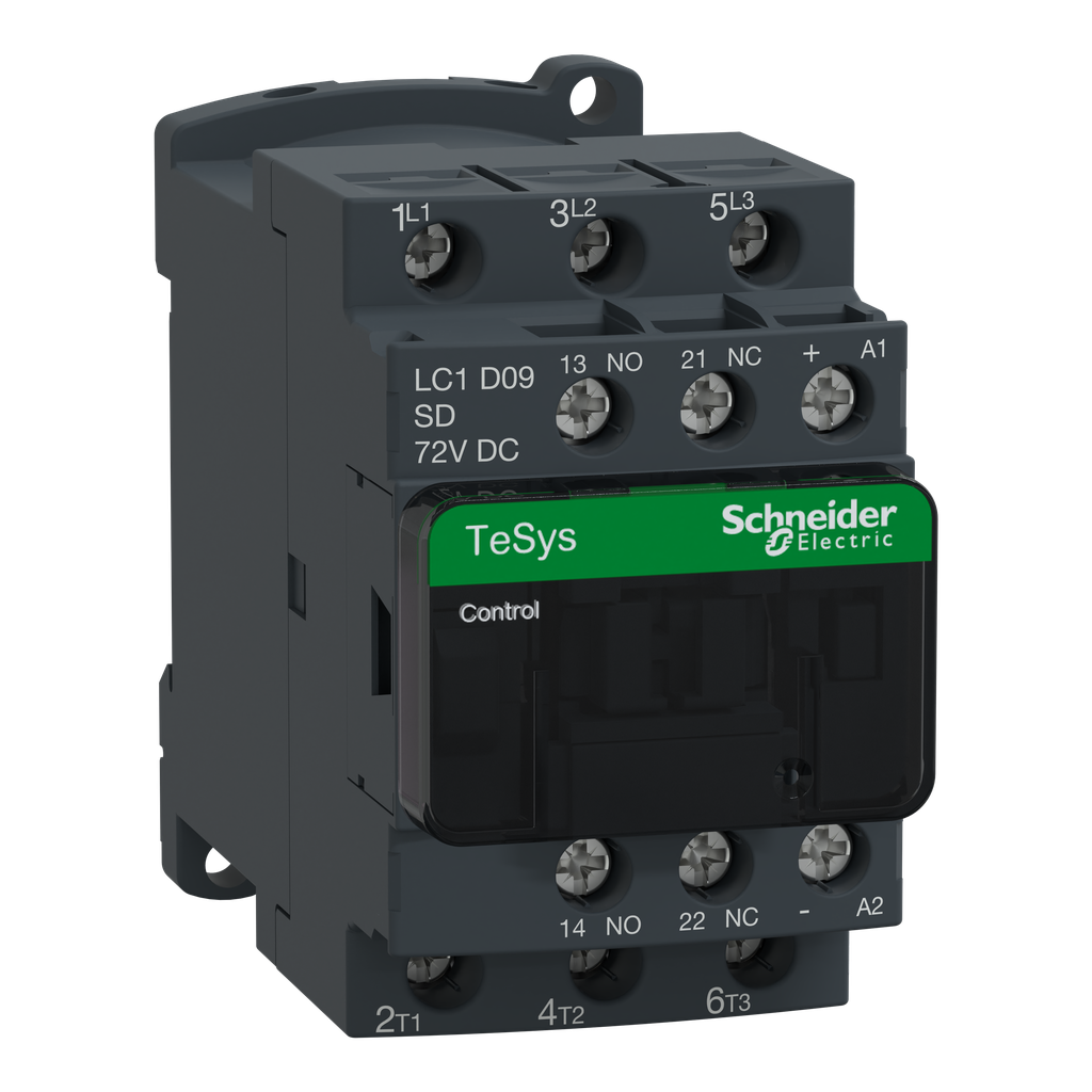 LC1D09SD – IEC contactor, TeSys Deca, nonreversing, 9A, 5HP at 480VAC, up to 100kA SCCR, 3 phase, 3 NO, 72VDC coil, open style