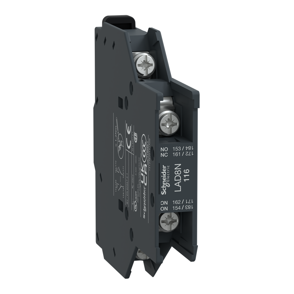 LAD8N116 – Auxiliary contact block, TeSys Deca, 1NO   1NC, side mounting, lugs-ring terminals