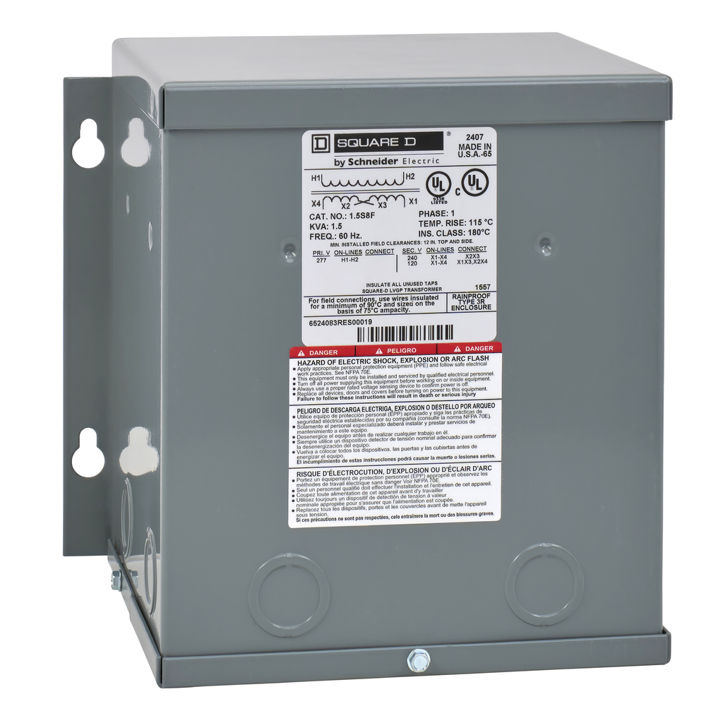 1.5S8F – Transformer, dry type, encapsulated, 1.5kVA, 1 phase, 277V primary, 120/240V secondary, 8A, 115C rise