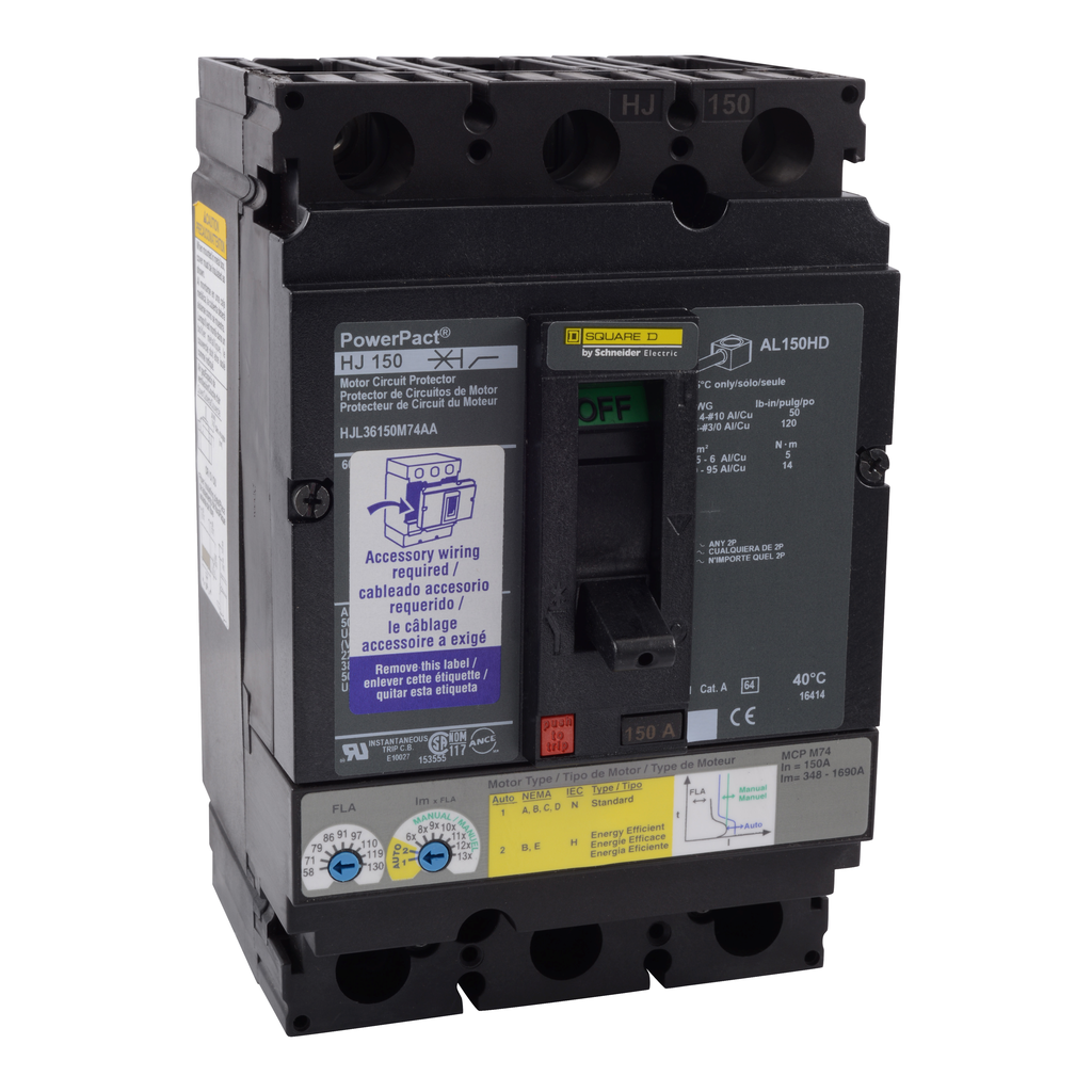 HJL36150M74AA – Motor circuit protector, PowerPacT H, 150A, 3 pole, 600VAC, 25kA, lugs, thermal magnetic, 80%, aux switch,