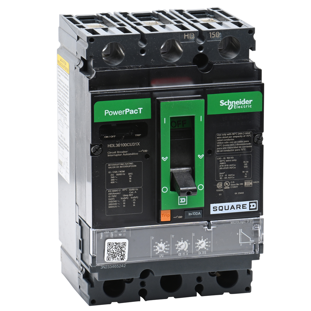 HDL36100CU31X – Circuit breaker, PowerPacT H, 100A, 3 pole, 600VAC, 14kA, lugs, Micrologic 3.2, 100%