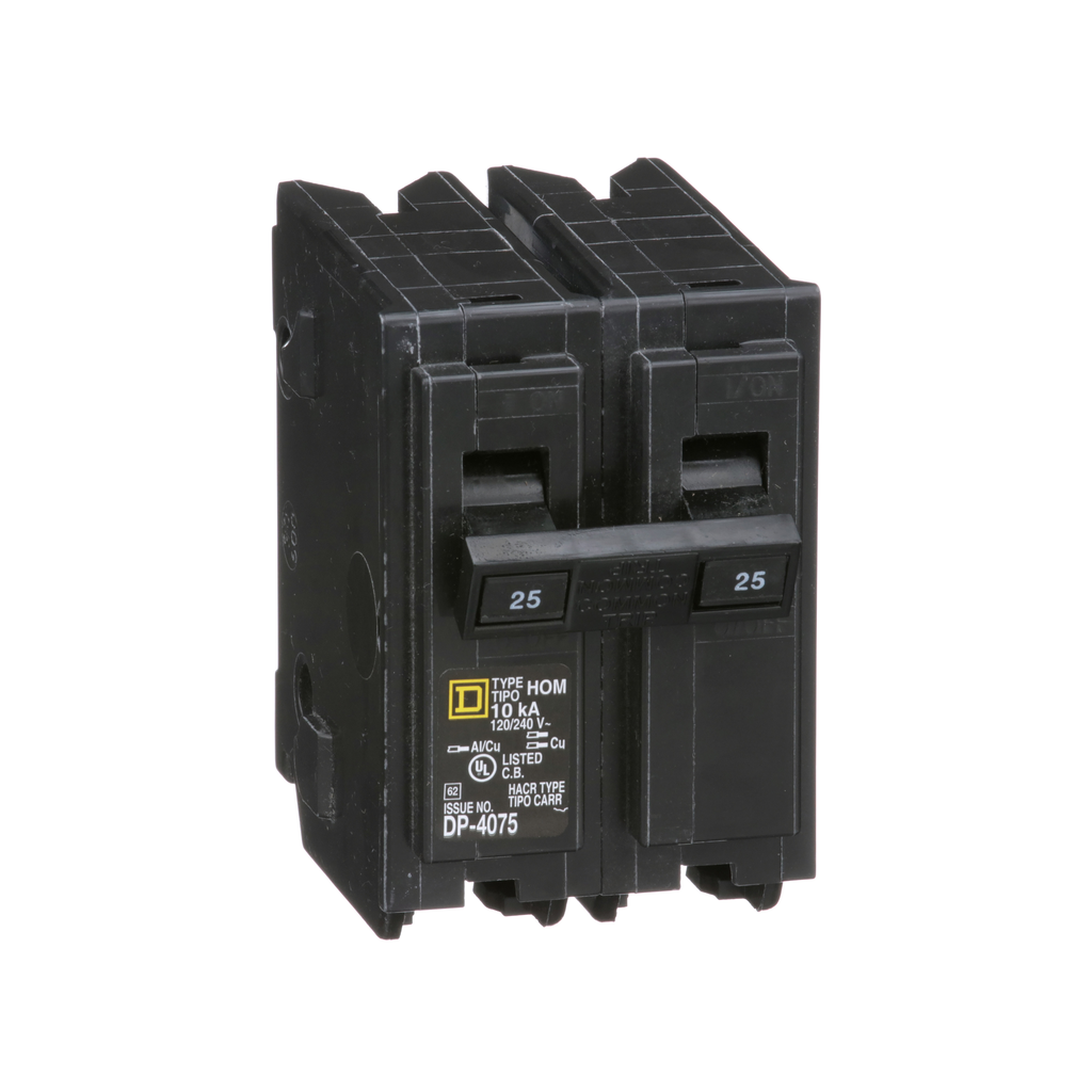 HOM225CP – Mini circuit breaker, Homeline, 25A, 2 pole, 120/240VAC, 10kA AIR, standard type, plug in, UL