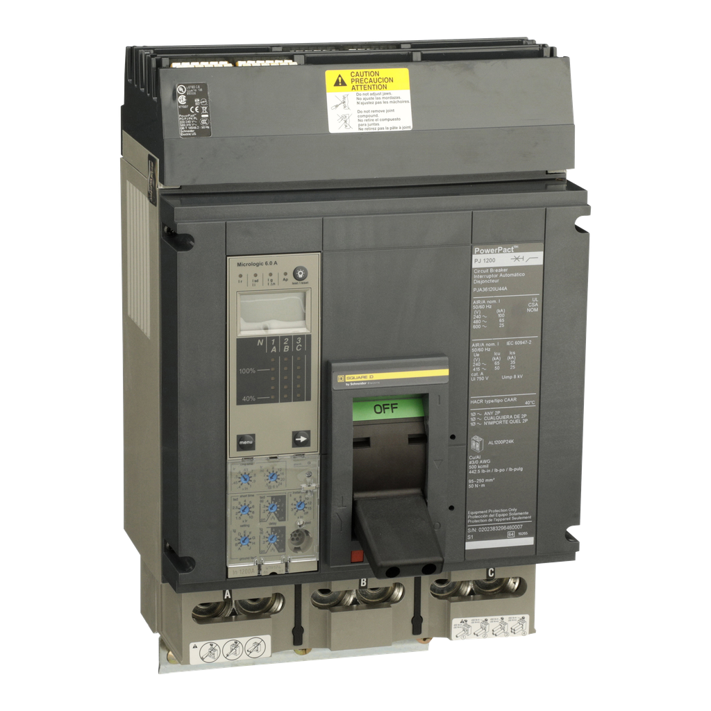 PJA36120U44A – Circuit breaker, PowerPacT P, 1200A, 3 pole, 600VAC, 25kA, I-Line, Micrologic 6.0A, 80%, ABC