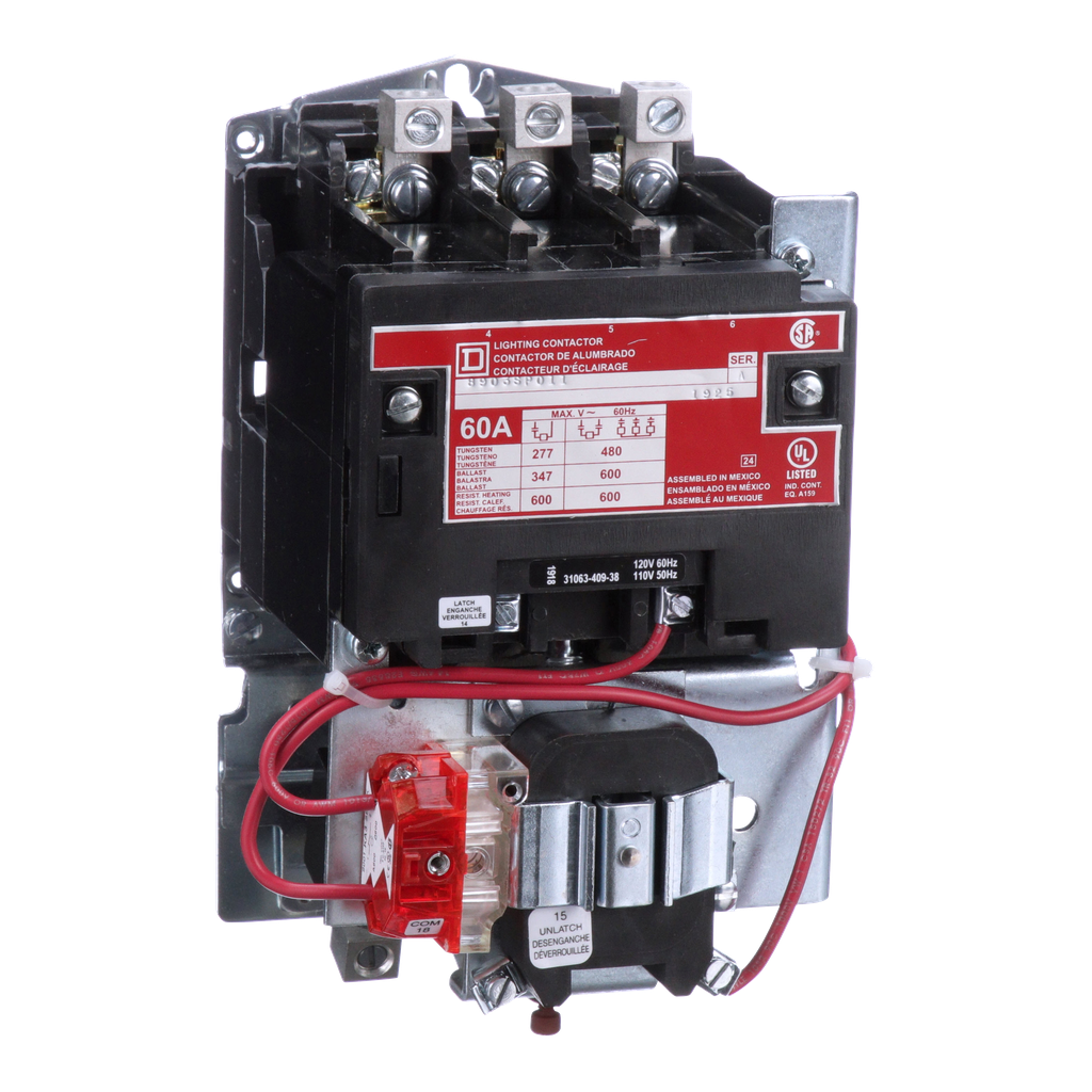 8903SPO11V02 – Contactor, Type S, multipole lighting, mechanically held, 60A, 3 pole, 110/120VAC 50/60Hz coil, open style