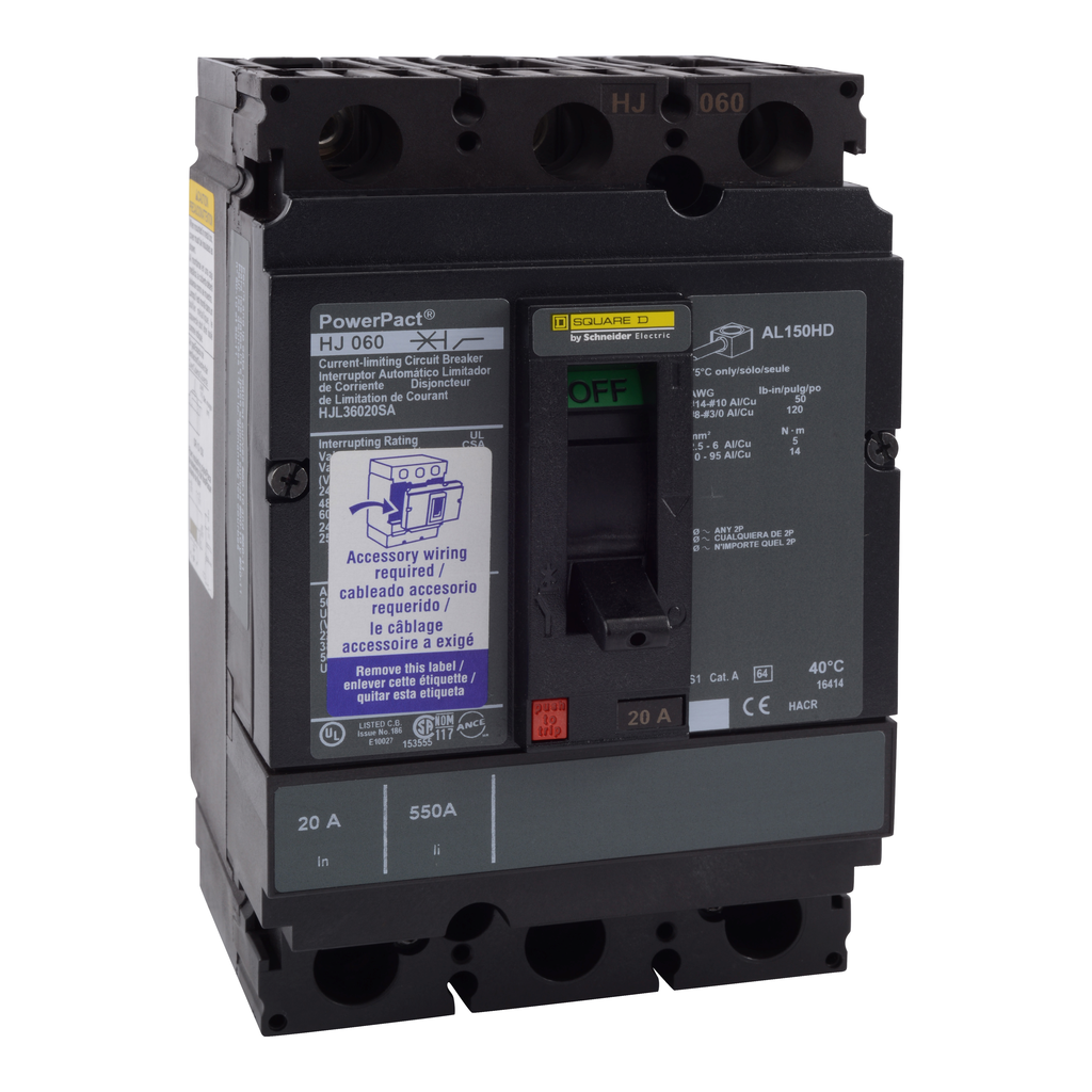 HJL36150SA – Circuit breaker, PowerPacT H, 150A, 3 pole, 600VAC, 25kA, lugs, thermal magnetic, 80%, shunt