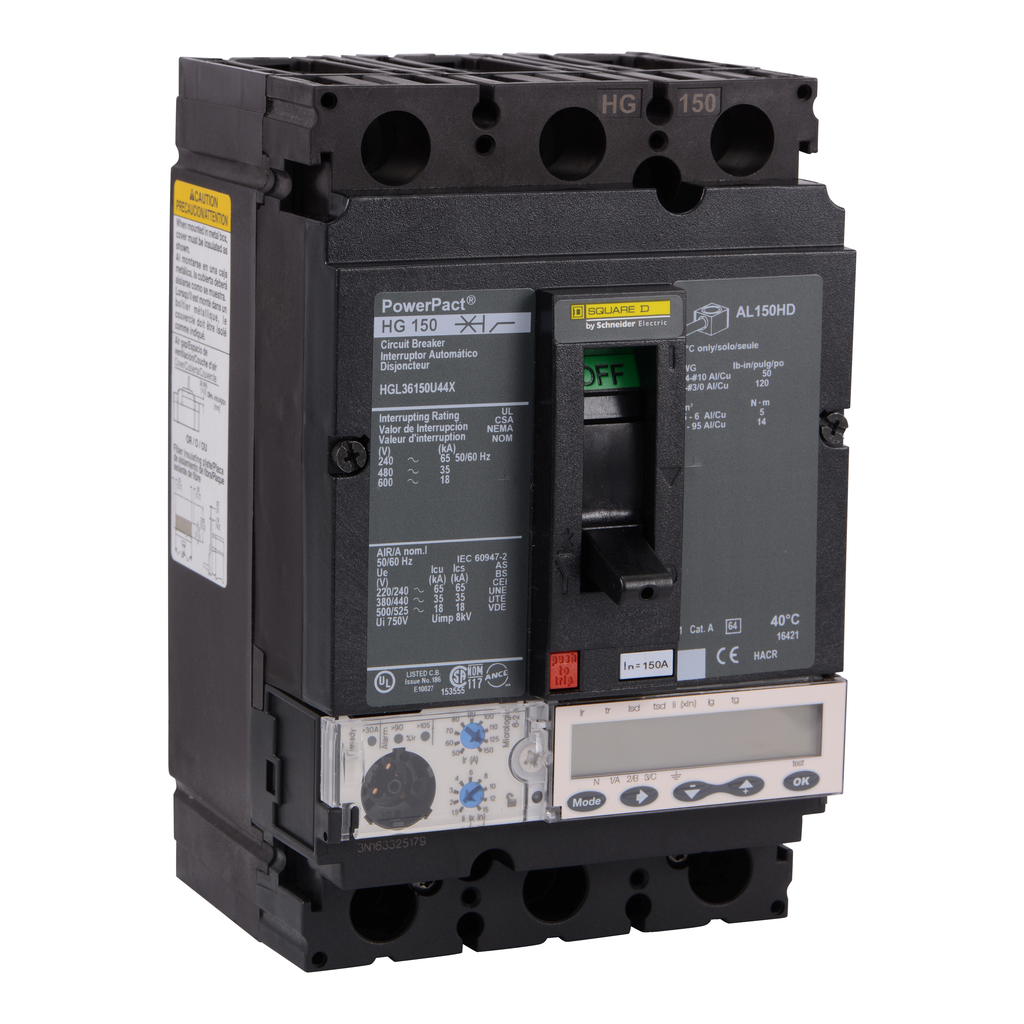 HGL36150U44X – Circuit breaker, PowerPacT H, 150A, 3 pole, 600VAC, 18kA, lugs, Micrologic 6.2A, 80%