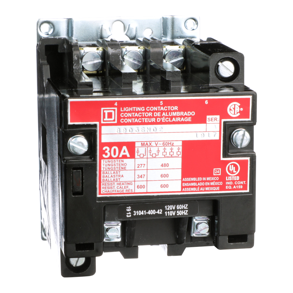 8903SMO2V02 – Contactor, Type S, multipole lighting, electrically held, 30A, 3 pole, 110/120VAC 50/60Hz coil, open style