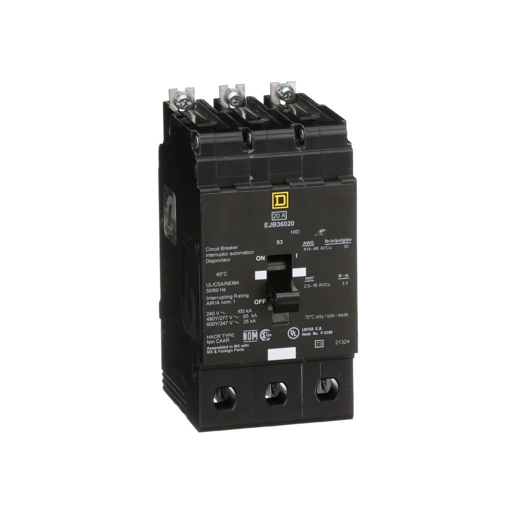 EJB36020 – Mini circuit breaker, E-Frame, 20A, 3 pole, 600Y/347VAC, 100kA max, bolt on