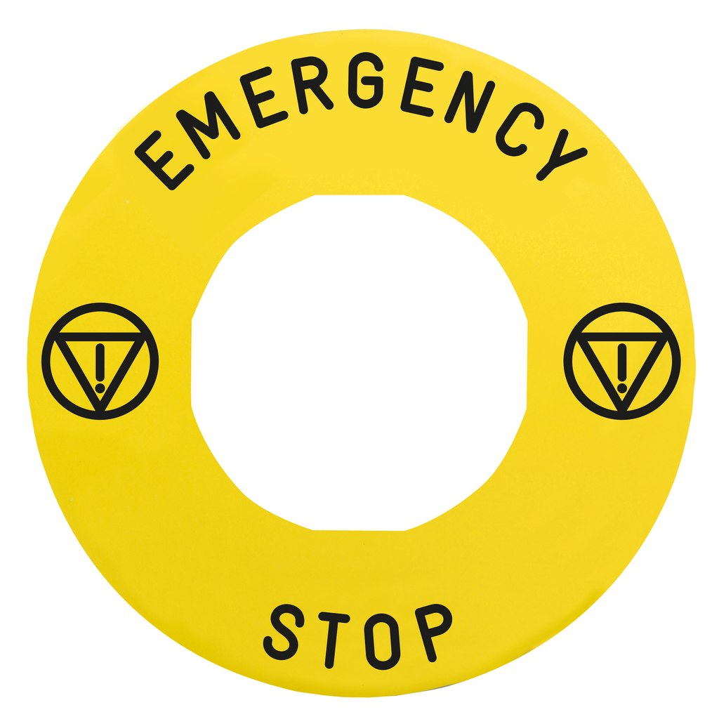 ZBY9330T – Legend holder 60mm for emergency stop, plastic, Harmony XB4, yellow, for padlocking, marked EMERGENCY STOP