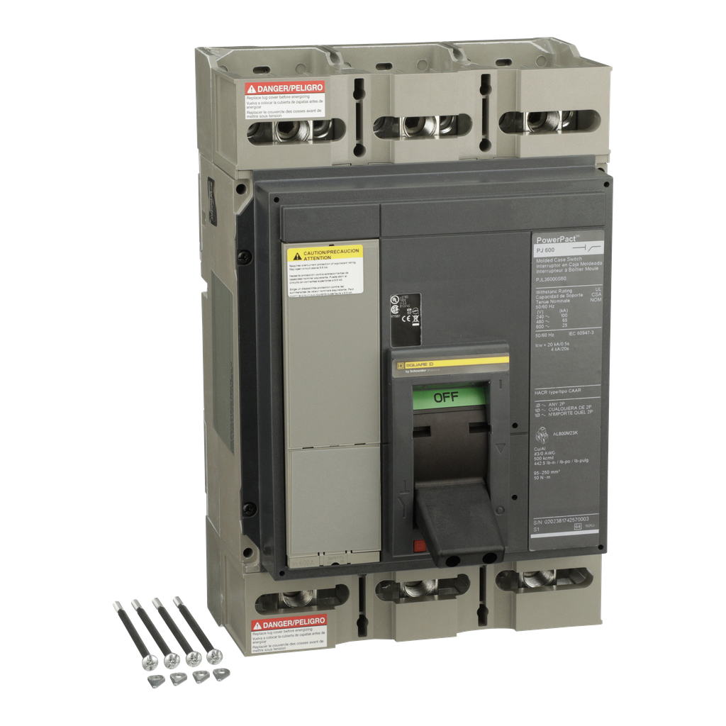 PJL36000S60 – Automatic switch, PowerPacT P, 600A, 3 pole, 600VAC, 25kA, lugs, magnetic