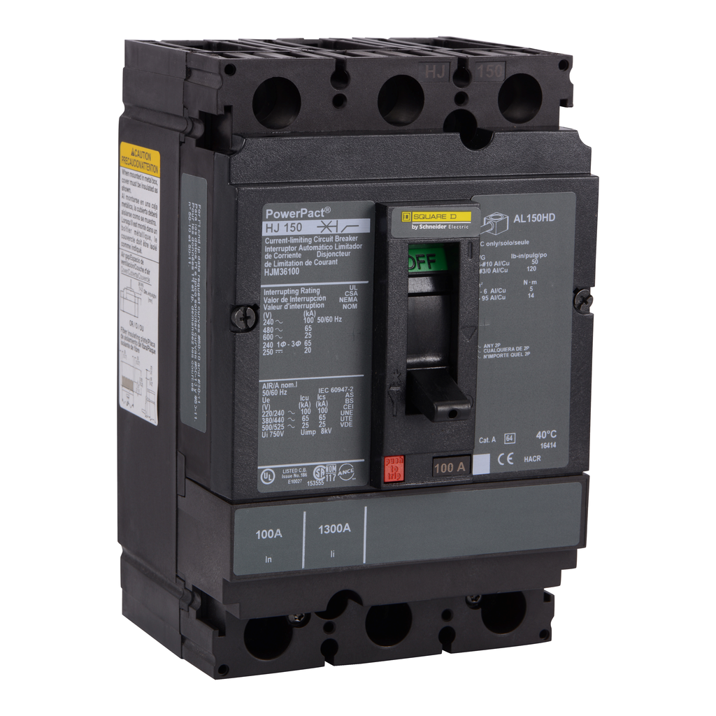 HJM36100 – Circuit breaker, PowerPacT H, 100A, 3 pole, 600VAC, 25kA, lugs, thermal magnetic, 80%
