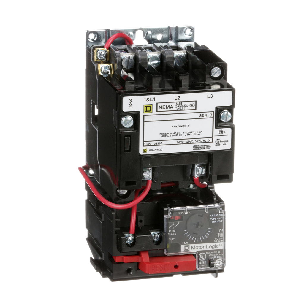 8536SAO12V02H308S – NEMA motor starter, Type S, nonreversing, Size 00, 9A, 2HP at 460VAC, up to 100kA SCCR, 3 phase, 3 pole, Motor Logic, 120VAC coil, open