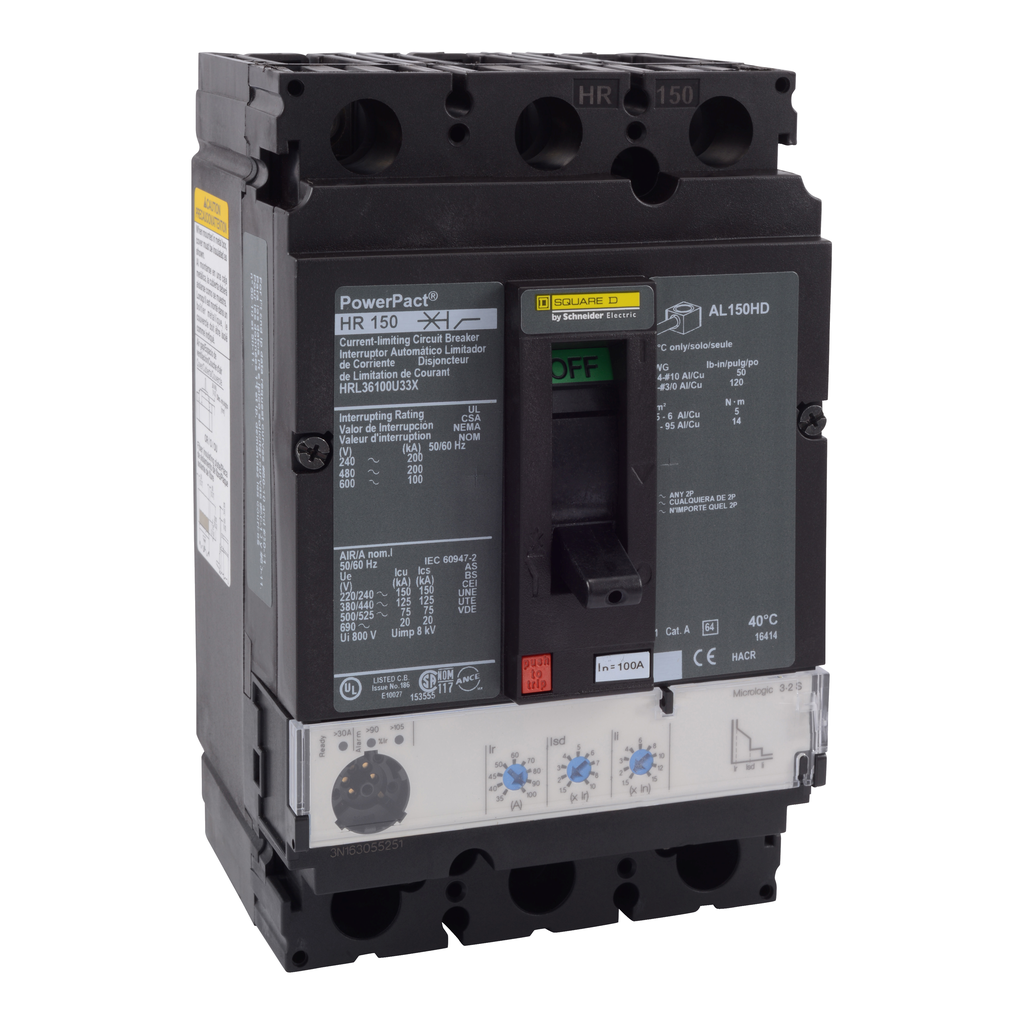 HRL36100U33X – Circuit breaker, PowerPacT H, 100A, 3 pole, 600VAC, 100kA, lugs, Micrologic 3.2S, 80%