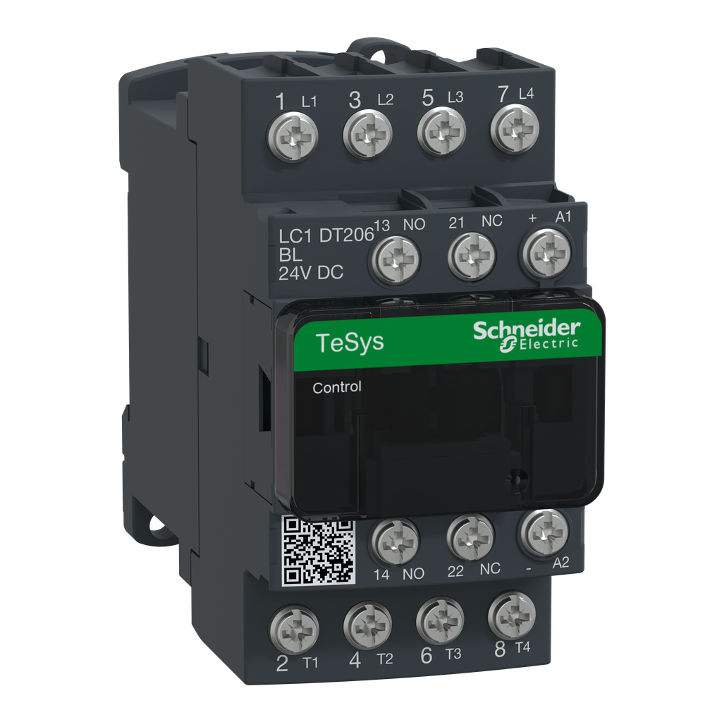 LC1DT206BL – IEC contactor, TeSys Deca, nonreversing, 20A resistive, 4 pole, 4 NO, low consumption 24VDC coil, open style