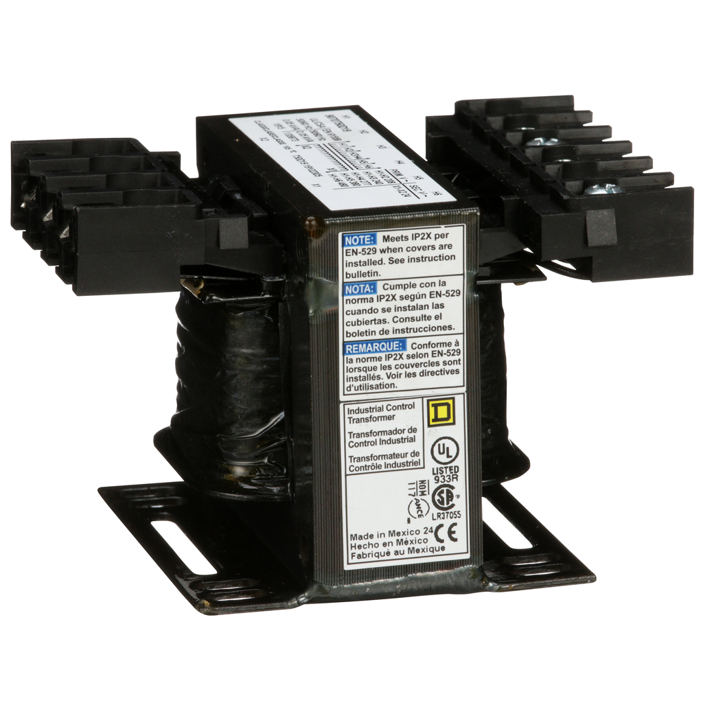 9070T50D19 – Transformer, Type T, industrial control, 50VA, 1 phase, 208/240/277/380/480V primary, 24V secondary, 55C rise