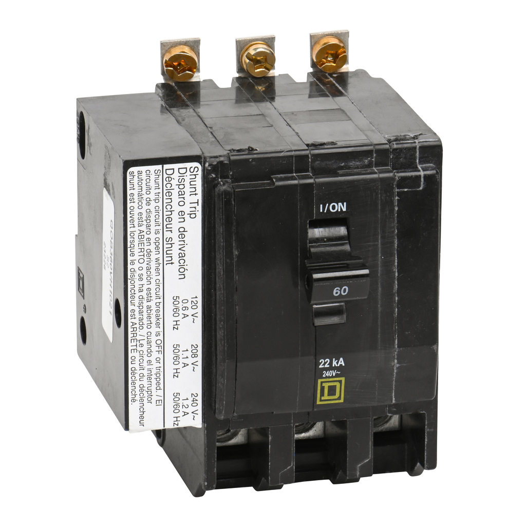 QOB360VH1021 – Mini circuit breaker, QO, 60A, 3 pole, 120/240VAC, 22kA, bolt on, AC shunt