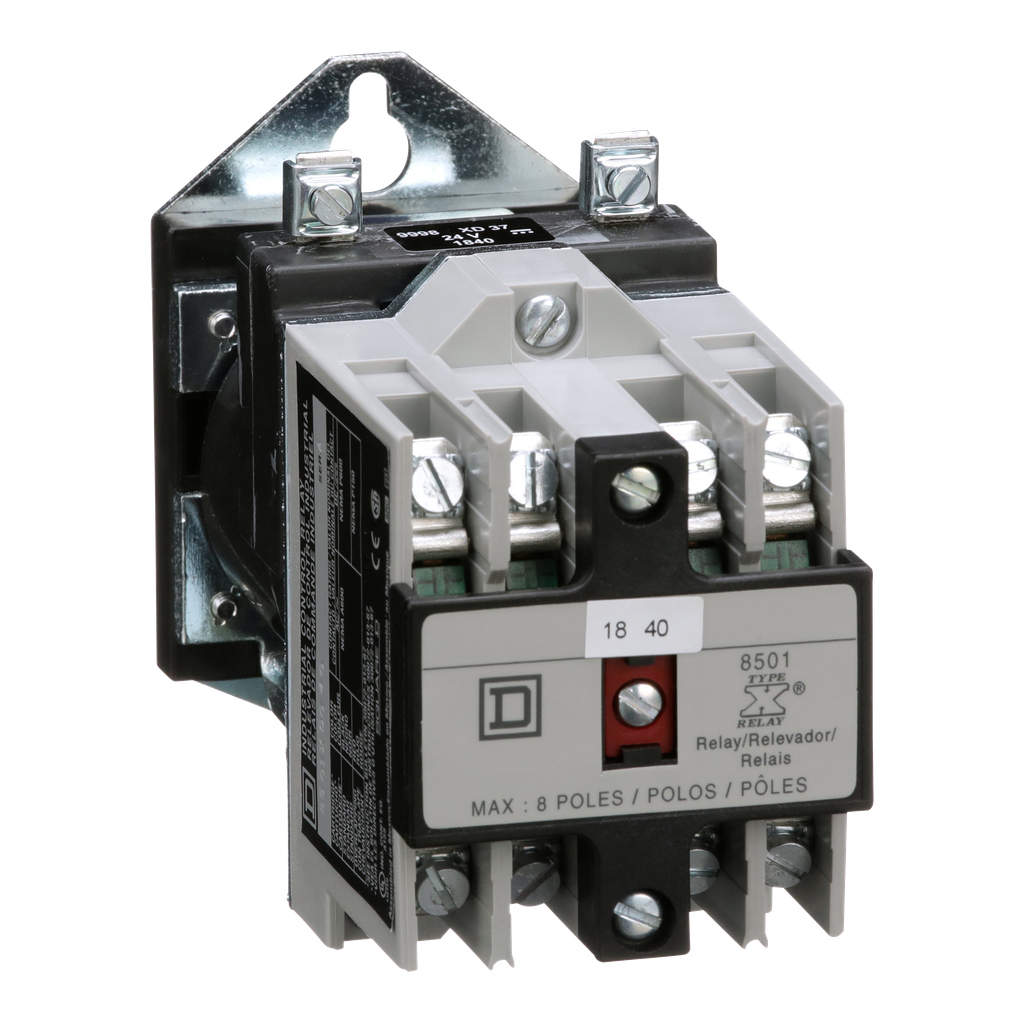 8501XDO40V53 – NEMA Control Relay, Type X, machine tool, 10A resistive at 600 VAC, 4 normally open contacts, 24 VDC coil