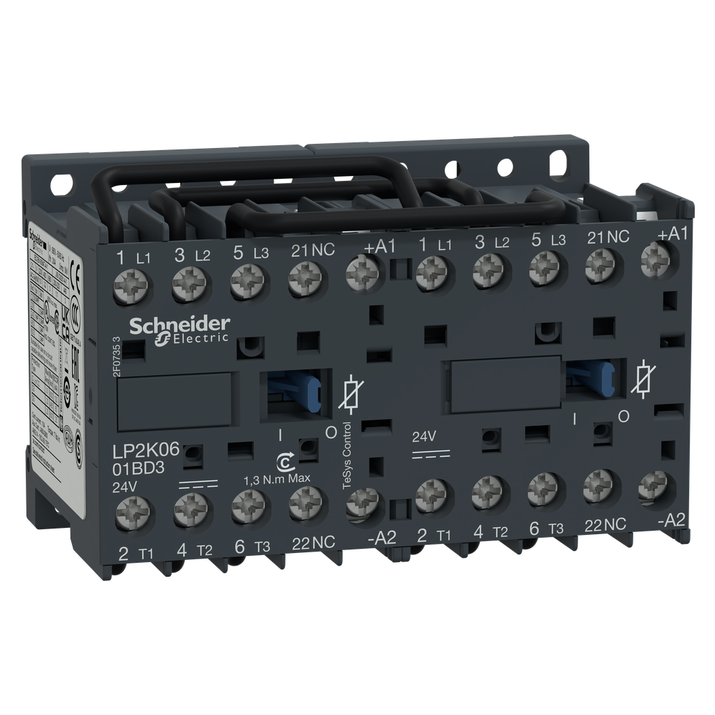 LP2K0901BD3 – Reversing contactor, TeSys K, 3P, AC-3, lt or eq to 440V 9A, 1 NC, 24VDC coil