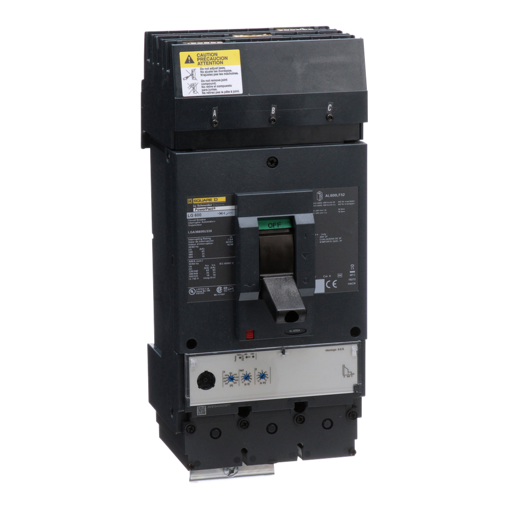 LGA36600U33X – Circuit breaker, PowerPacT L, 600A, 3 pole, 600VAC, 18kA, I-Line, MicroLogic 3.3S, 80%, ABC