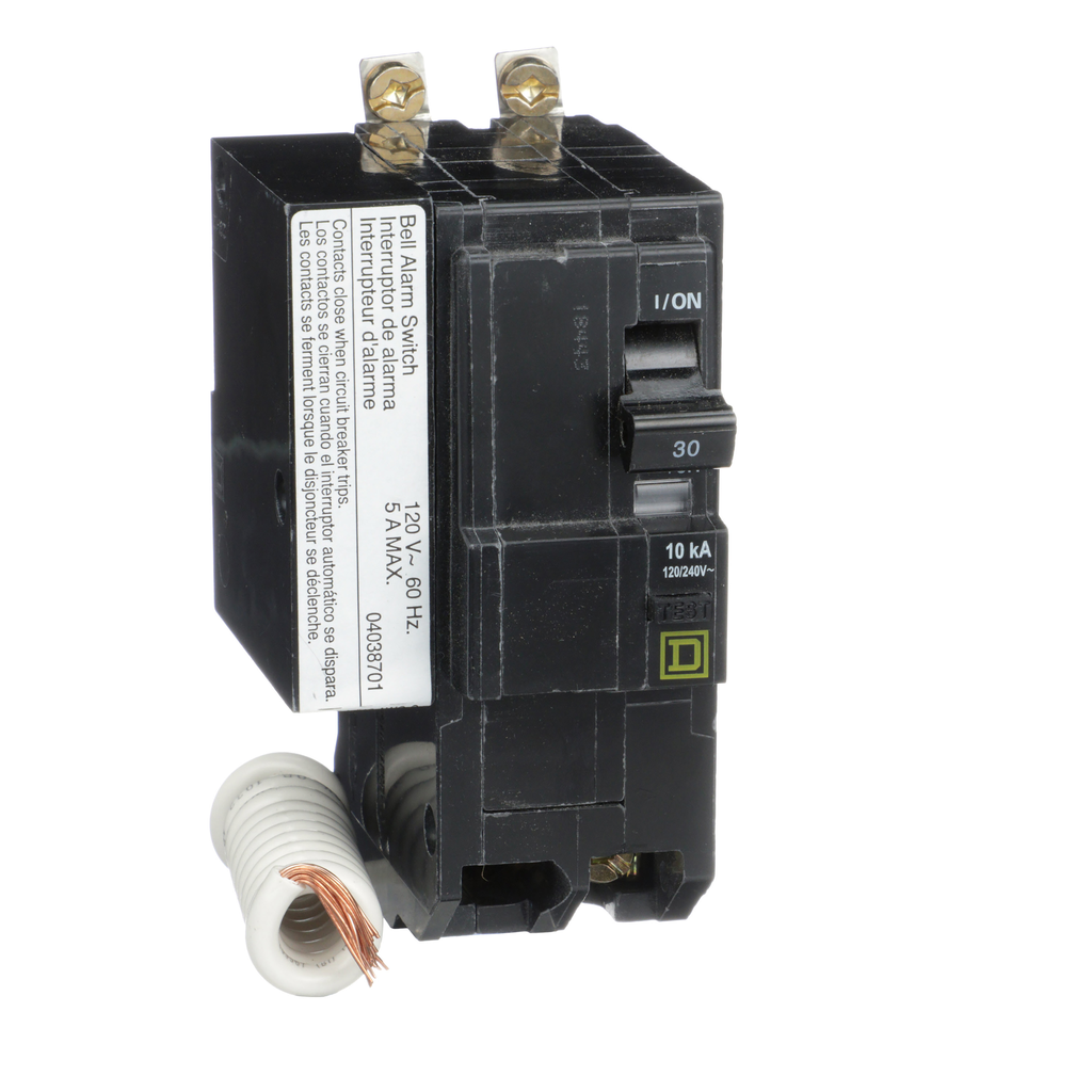 QOB230EPD2100 – Mini circuit breaker, QO, 30A, 2 pole, 120/240VAC, 10kA, bolt on, 30mA grd fault B, alarm switch