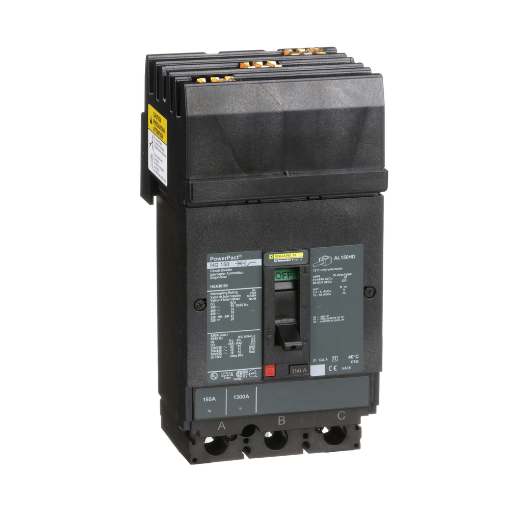 HGA36150 – Circuit breaker, PowerPacT H, 150A, 3 pole, 600VAC, 18kA, I-Line, thermal magnetic, 80%, ABC