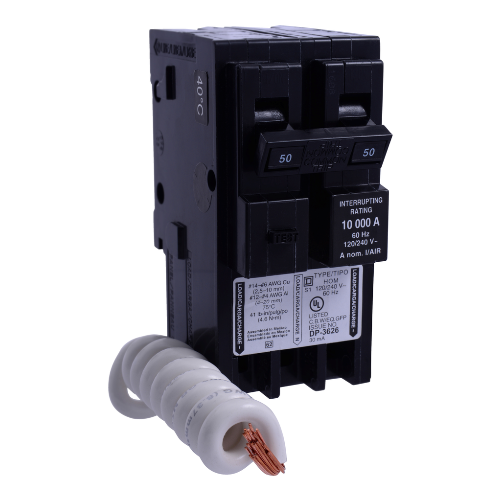 HOM250EPD – Mini circuit breaker, Homeline, 50A, 2 pole, 120/240VAC, 10kA AIR, ground fault class B, plug in, UL