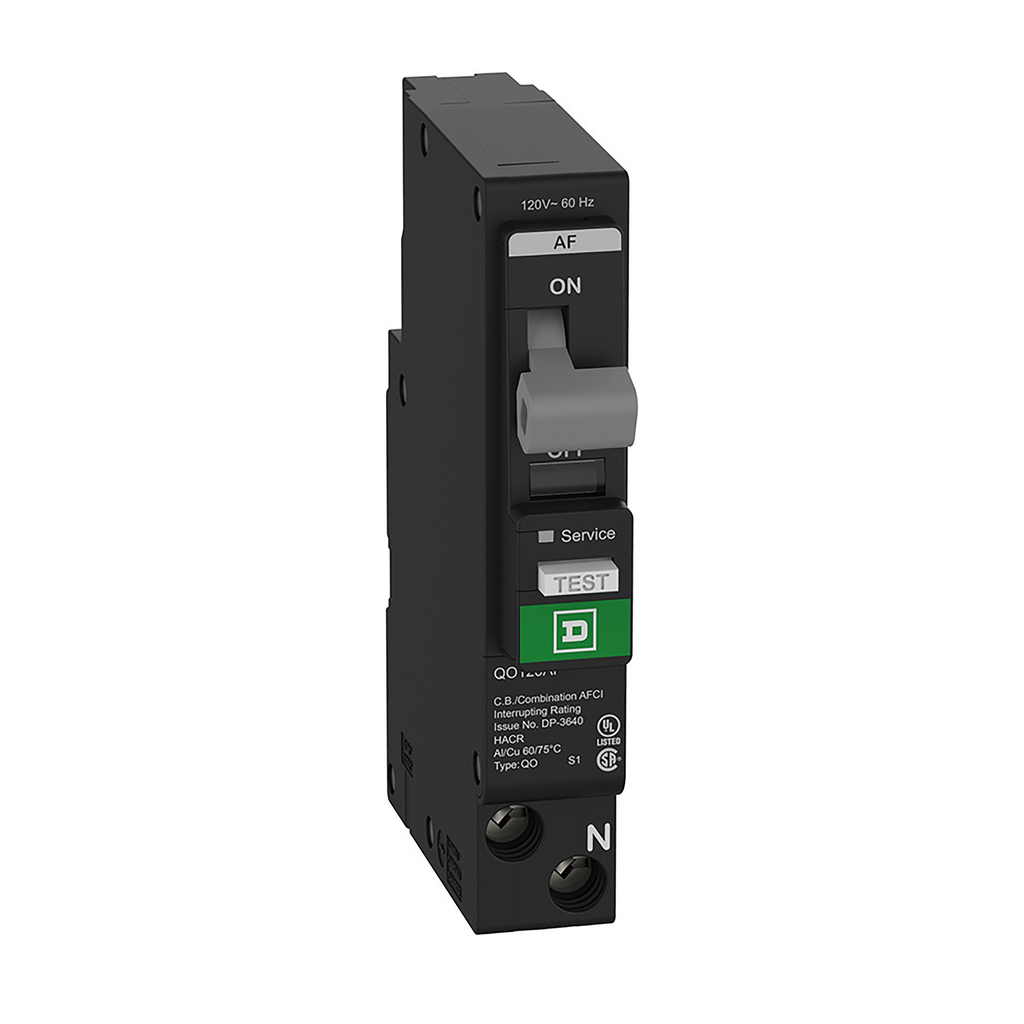 QO115VHPAF – Mini circuit breaker, QO, 15A, 1 pole, 120VAC, 22kA, plug in, combo ARC fault, plug on neutral