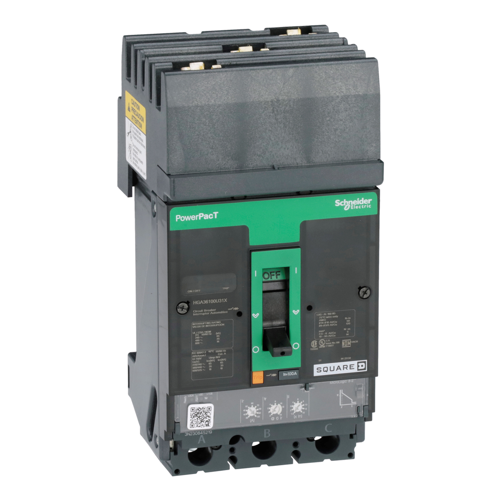 HGA36100U31X – Circuit breaker, PowerPacT H, 100A, 3 pole, 600VAC, 18kA, I-Line, Micrologic 3.2, 80%, ABC