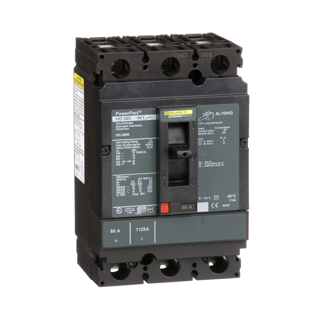 HDL36060 – Circuit breaker, PowerPacT H, 60A, 3 pole, 600VAC, 14kA, lugs, thermal magnetic, 80%