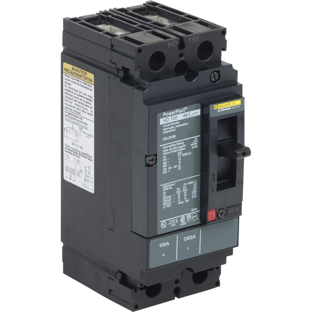 HDL26100C – Circuit breaker, PowerPacT H, 100A, 2 pole, 600VAC, 14kA, lugs, thermal magnetic, 100%