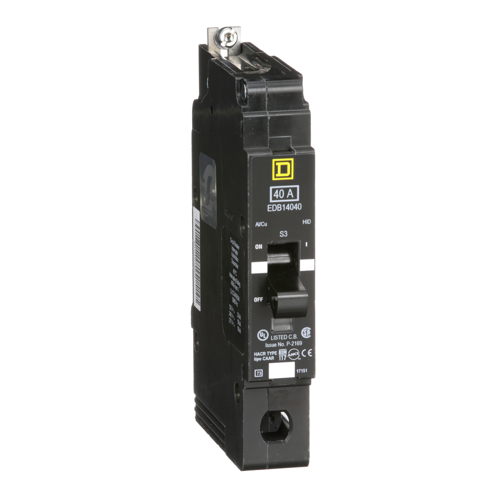 EDB14040 – Mini circuit breaker, E-Frame, 40A, 1 pole, 277VAC, 25kA max, bolt on